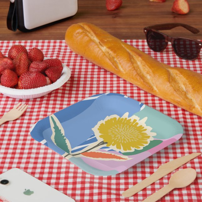 Abstraktes Florales Löwenzahn-Farbfeld Modern  Pappteller (Picknick)