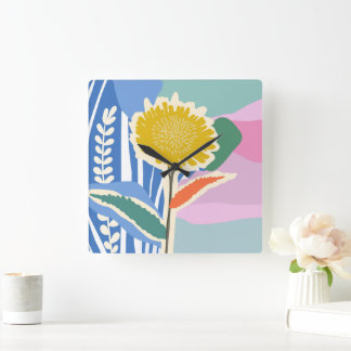 Abstraktes Florales Löwenzahn-Farbfeld Modern  Quadratische Wanduhr