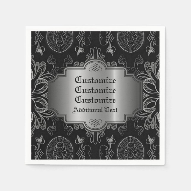 Abstraktes Florales Schwarz und Silber Serviette (Vorderseite)