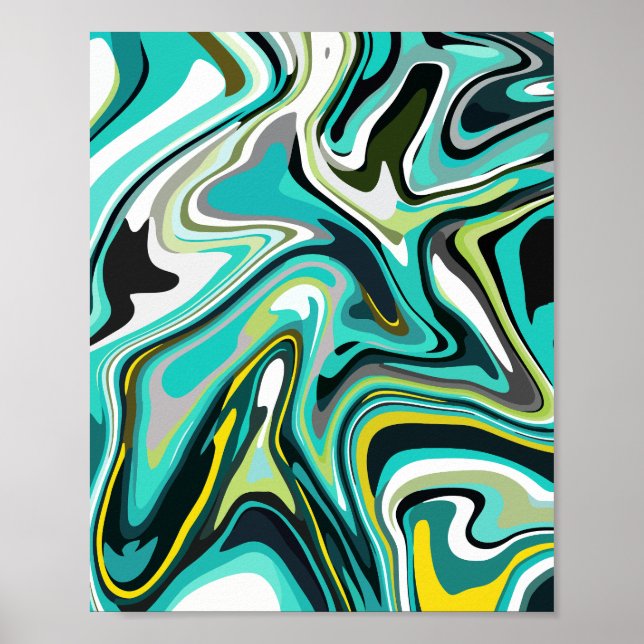 Abstraktes Fluid Muster in Aquamarin und schwarz Poster (Vorne)