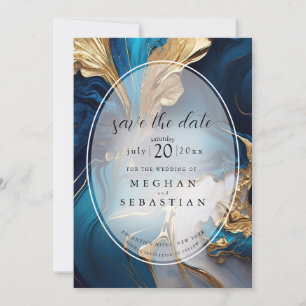 Abstraktes flüssiges Gold auf blauem Marmor Save The Date
