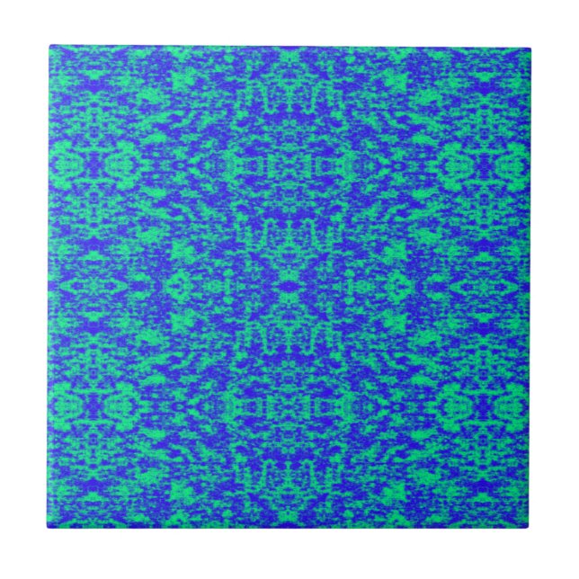 Abstraktes Fraktal in Blau und Grün Fliese (Vorderseite)