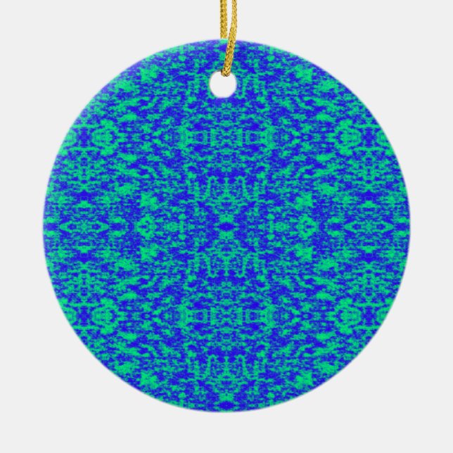 Abstraktes Fraktal in Blau und Grün Keramik Ornament (Vorne)