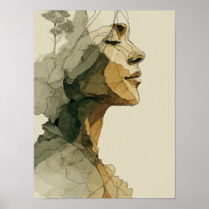 Abstraktes Frauengesicht Boho Neutrale Linienkunst Poster