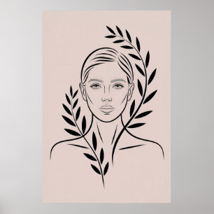 Abstraktes Frauenporträt mit botanischen Blatt-Haa Poster