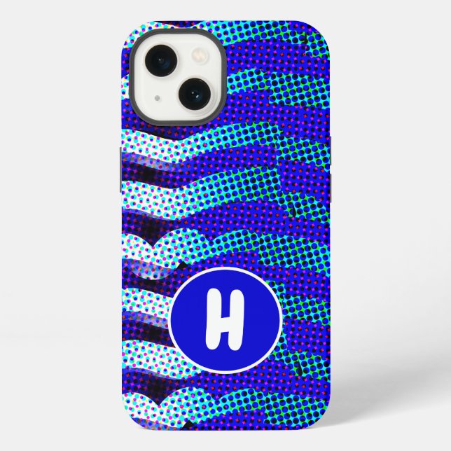 Abstraktes Funky Wave Pattern Blau, grün monogrami iPhone Hülle (Rückseite)