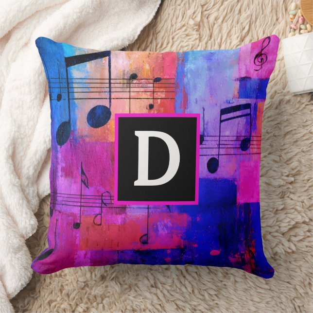 Abstraktes gelb rot blau Musiknoten-Monogramm Kissen (Decke)