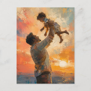 Abstraktes Gemälde: Vater hebt Kind bei Sonnenunte Postkarte