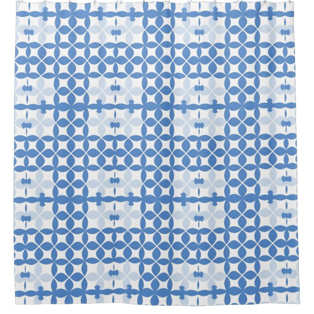 Abstraktes geometrisches Blau- und Weißmuster Duschvorhang (Vorderseite)