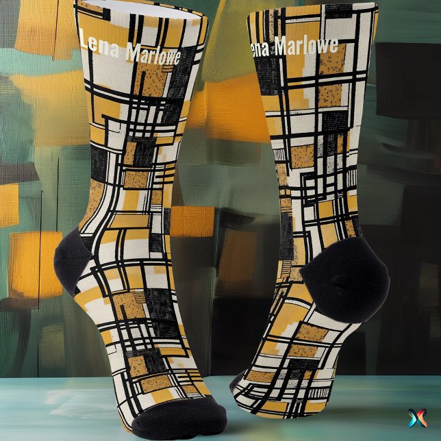 Abstraktes geometrisches Gitter in Mustard & Black Socken (Von Creator hochgeladen)