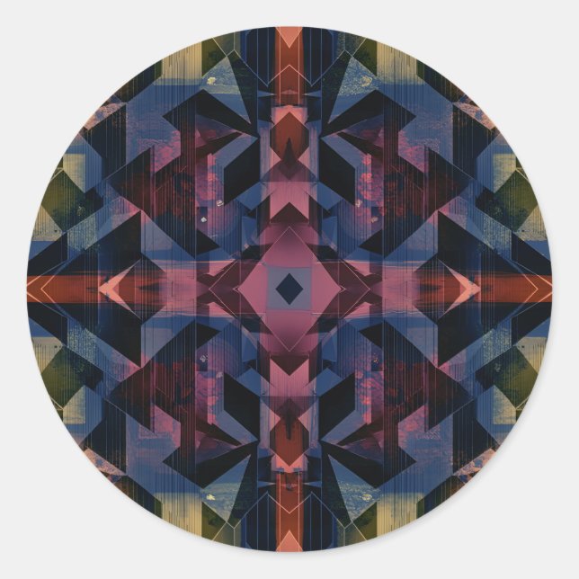 Abstraktes geometrisches Muster mit blauer Blume Runder Aufkleber (Vorderseite)