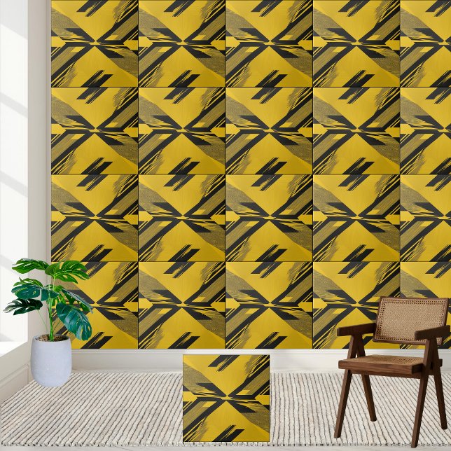 Abstraktes geometrisches Schwarz-Gelb-Muster Fliese (Abstract Geometric Black and Yellow Pattern Ceramic Tile)