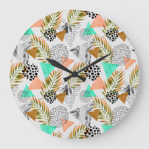 Abstraktes geometrisches Tropenleaf-Muster Große Wanduhr