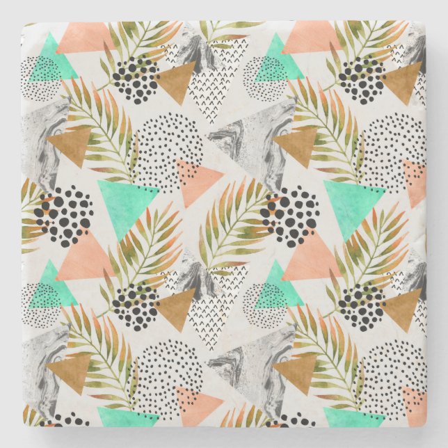 Abstraktes geometrisches tropisches Blatt-Muster Steinuntersetzer (Vorderseite)