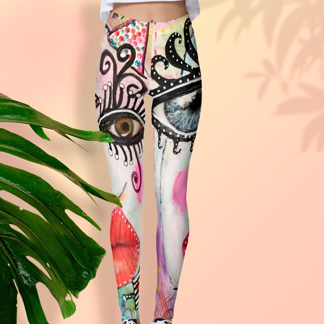 Abstraktes Gesicht Big Eyes Rote Lippen Nebel Pink Leggings (Von Creator hochgeladen)