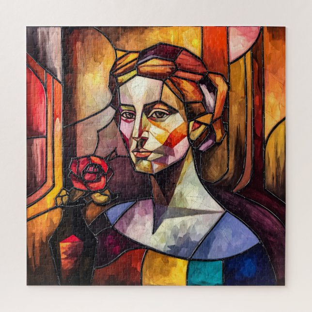 Abstraktes, gestanztes Glasweibchen-Portrait mit R Puzzle (Vertikal)