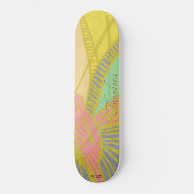 Abstraktes Gold Butterfly Jad Pink-Muster Skateboard (Vorderseite)