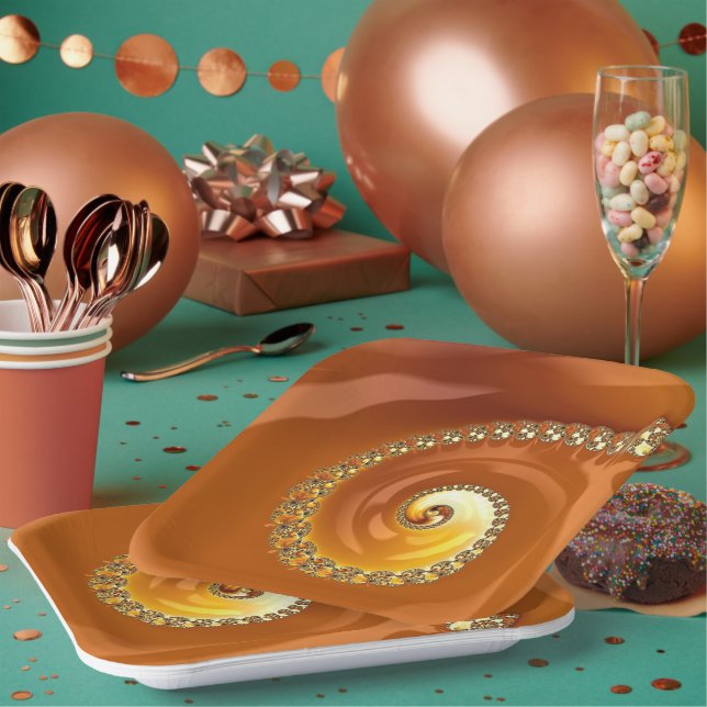 Abstraktes Gold Orange Gradient Spiral Fraktal Pappteller (Multi)