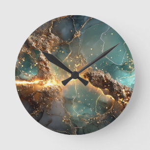 Abstraktes Gold und Aquamarine Marmorkunst Runde Wanduhr