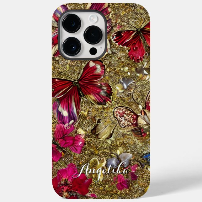 Abstraktes Gold und rote Blume Schmetterlinge Case-Mate iPhone Hülle (Rückseite)