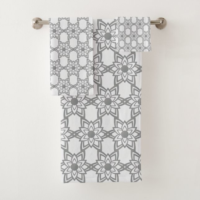 Abstraktes graues Blumen-Mandala-Muster auf Weiß Badhandtuch Set (Insitu)