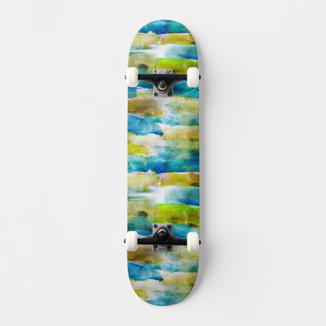 Abstraktes Grün des Watercolor, blau Skateboard (Vorderseite)