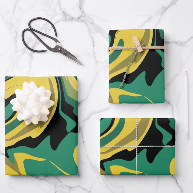 Abstraktes grün-gelbes Design Geschenkpapier Set (Vorderseite)
