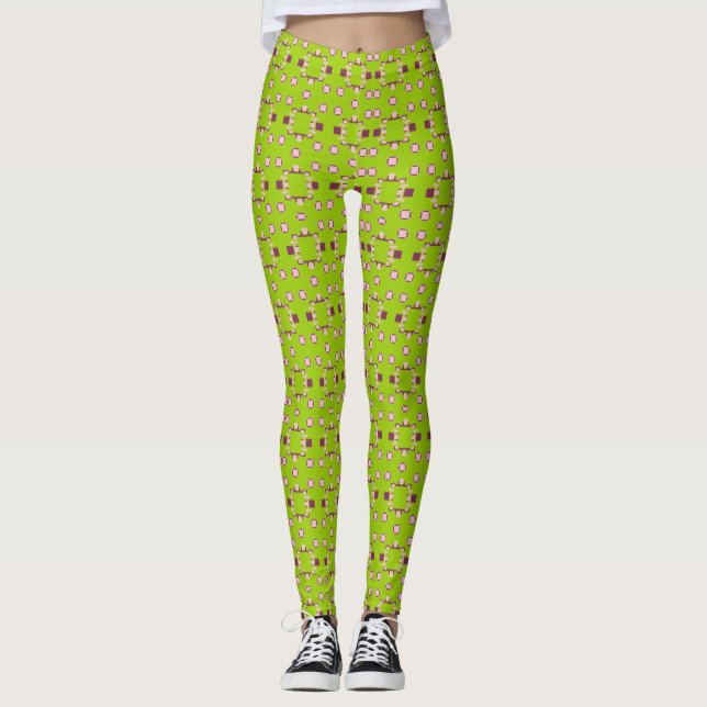 Abstraktes grün-rosa Muster mit Quadraten Leggings (Vorderseite)