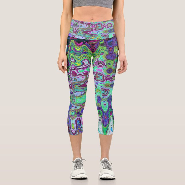 Abstraktes grün und Lila Wavy Mosaik Retro Capri Leggings (Vorderseite)