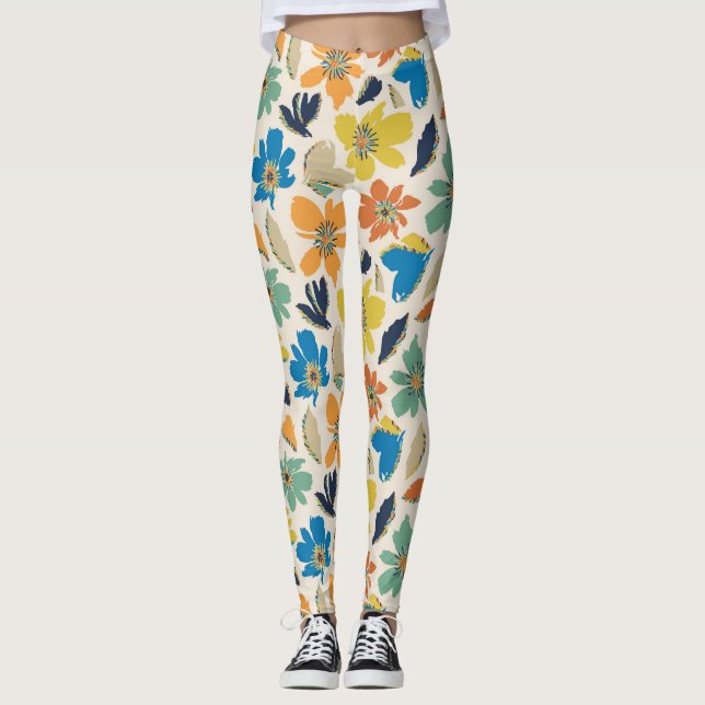 Abstraktes handgezeichnetes Boho-Blumenmuster Leggings (Vorderseite)