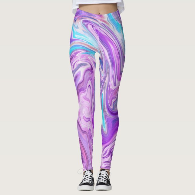 Abstraktes hellblaues Lila flüssiges Swirl Leggings (Vorderseite)