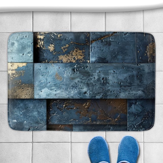 Abstraktes Industrieblau Badematte (Bath mat featuring an abstract industrial design in blue and gold colors)