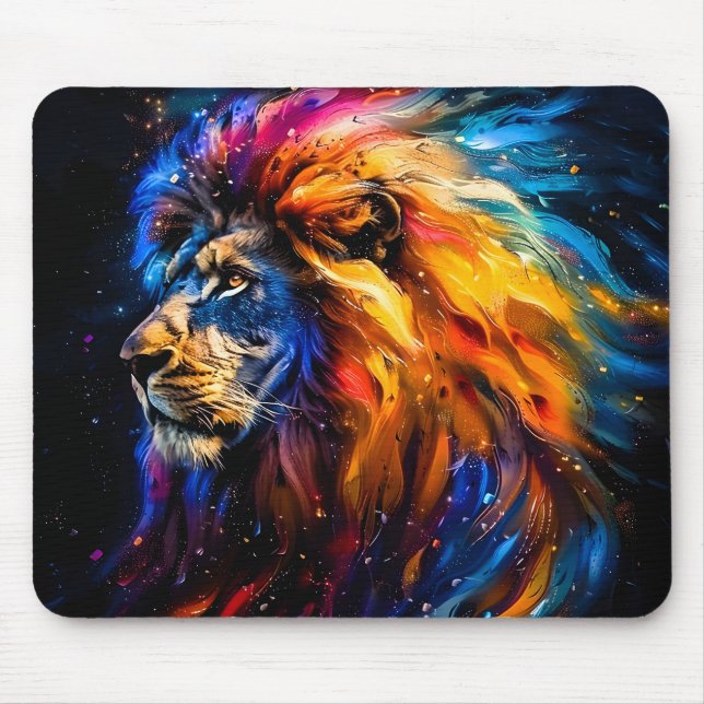 Abstraktes kosmische Tierwelt-Löwenporträt Mousepad (Vorne)