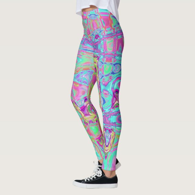 Abstraktes kosmisches Wasser und reflexfarbene Fle Leggings (Links)