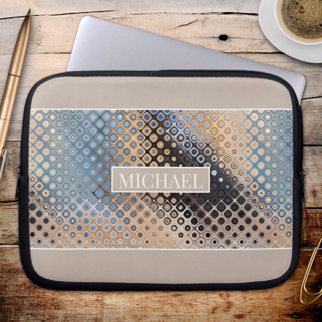 Abstraktes Kunstglas Dots Tech Design Laptop-Sieb Laptopschutzhülle (A modern design laptop sleeve featuring an abstract art glass dots pattern in blue, grey and beige.)