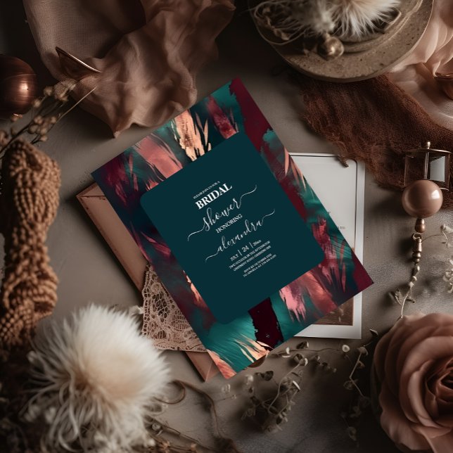 Abstraktes Kupfer dunkelgrün staubig rosa Braut Einladung (Von Creator hochgeladen)