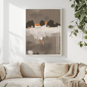 Abstraktes Landschaft-Taupe-Weiß- und Orange-Plaka Poster
