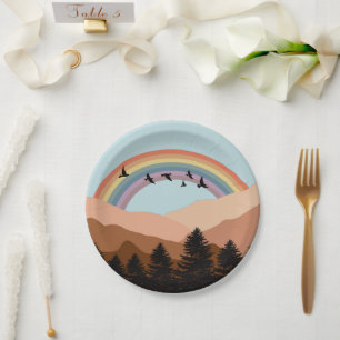 Abstraktes Landschaft-Wald-Bäume-Regenbogen & Vöge Pappteller