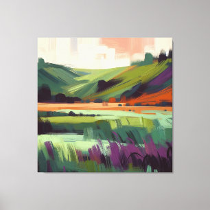 Abstraktes Landschaftsbild mit rosa Himmel, Lila u Leinwanddruck