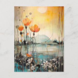 Abstraktes Landschaftsbild mit roten Mohnblumen Postkarte