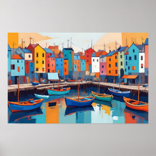 Abstraktes Landschaftsdorf Hafen Hintergrund Kunst Poster