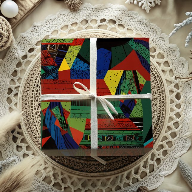 Abstraktes, lebendiges, afrikanisches Geschenk Geschenkpapier (Abstract Vibrant Tribal African American Gift Wrapping Paper)