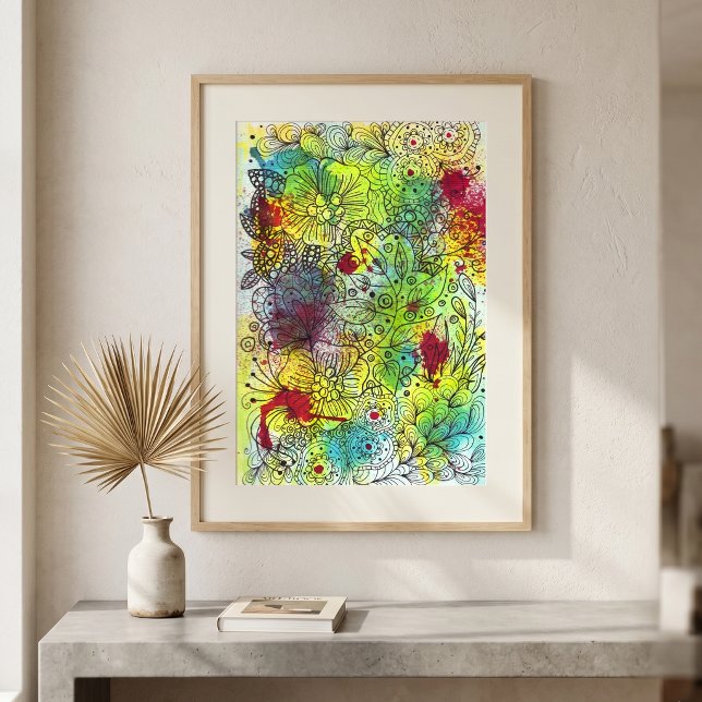 Abstraktes, lebendiges Blumendoodle-Line-Artwork Poster (Von Creator hochgeladen)
