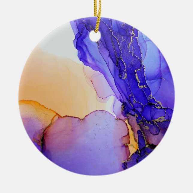 Abstraktes Lila Orange Gold Alcohol Kunst, Dichtun Keramik Ornament (Vorne)