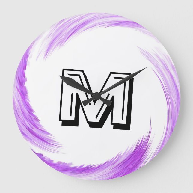 Abstraktes Lila Swirl Monogramm Große Wanduhr (Vorderseite)