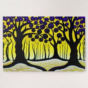 Abstraktes Lila und gelbes Waldparadies Land Puzzle