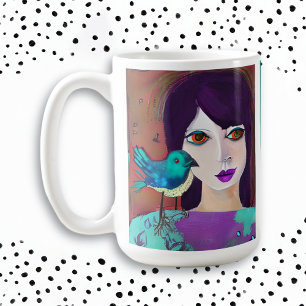Abstraktes Mädchen und Vogel Lila und Türkis Perso Kaffeetasse