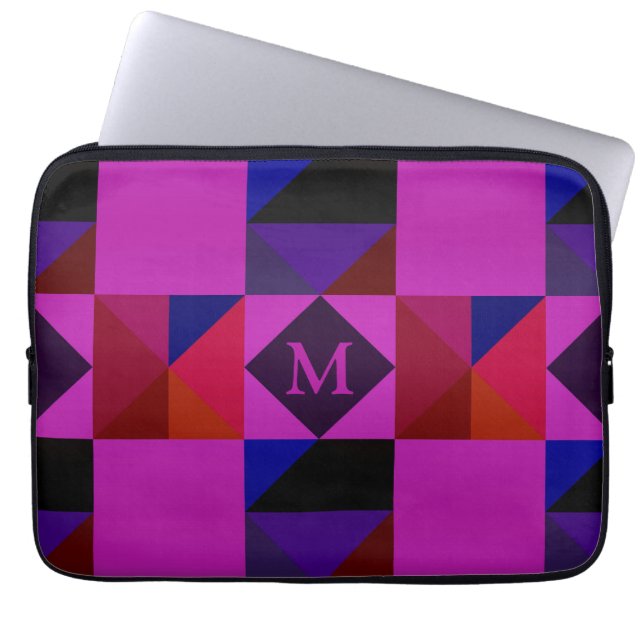 Abstraktes Magenta geometrisches Muster Monogramm Laptopschutzhülle (Vorderseite)