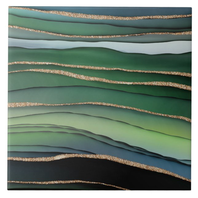 Abstraktes Marmormuster aus Grün und Gold Glitzer Fliese (Vorderseite)