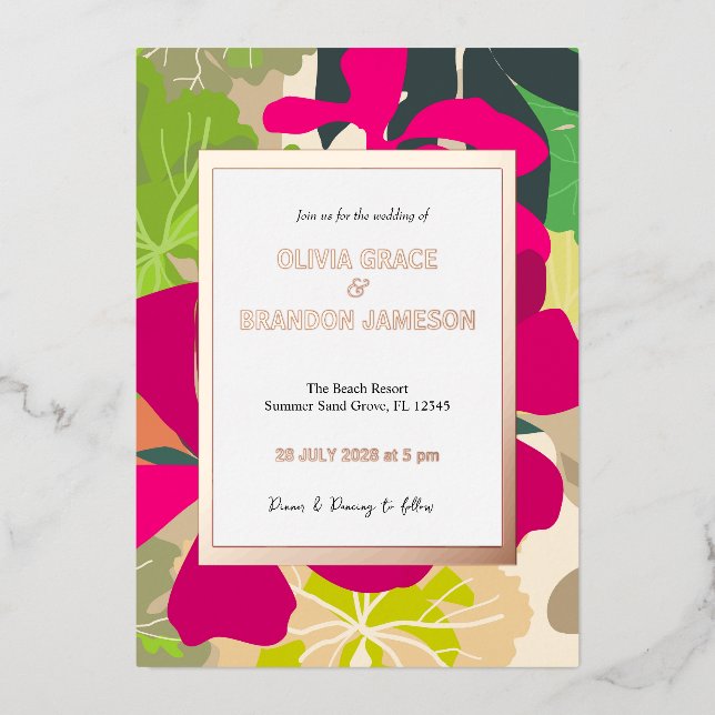 Abstraktes, modernes Hot-Pink-Floral-Hochzeitsgold Folieneinladung (Vorderseite)